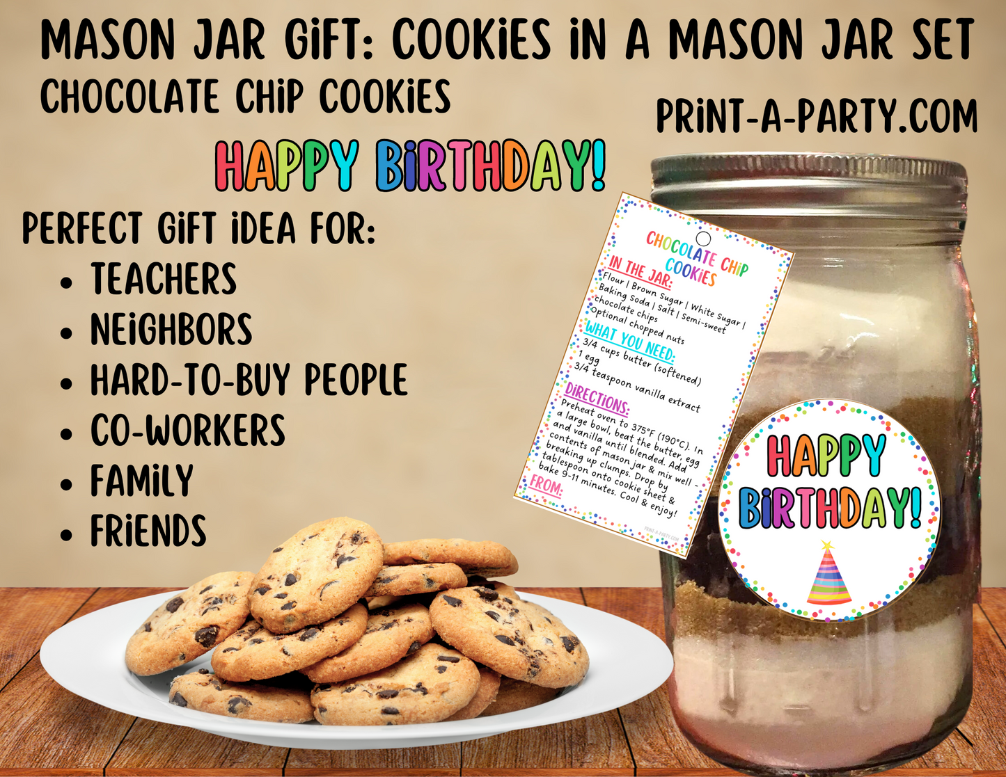 MASON JAR COOKIE GIFT: Birthday Chocolate Chip Cookies in a Mason Jar | Cookie in a jar Birthday Gift | Mason Jar Gift Kit | Mason Jar Gift Idea | Birthday Gift Idea | Birthday Cookies