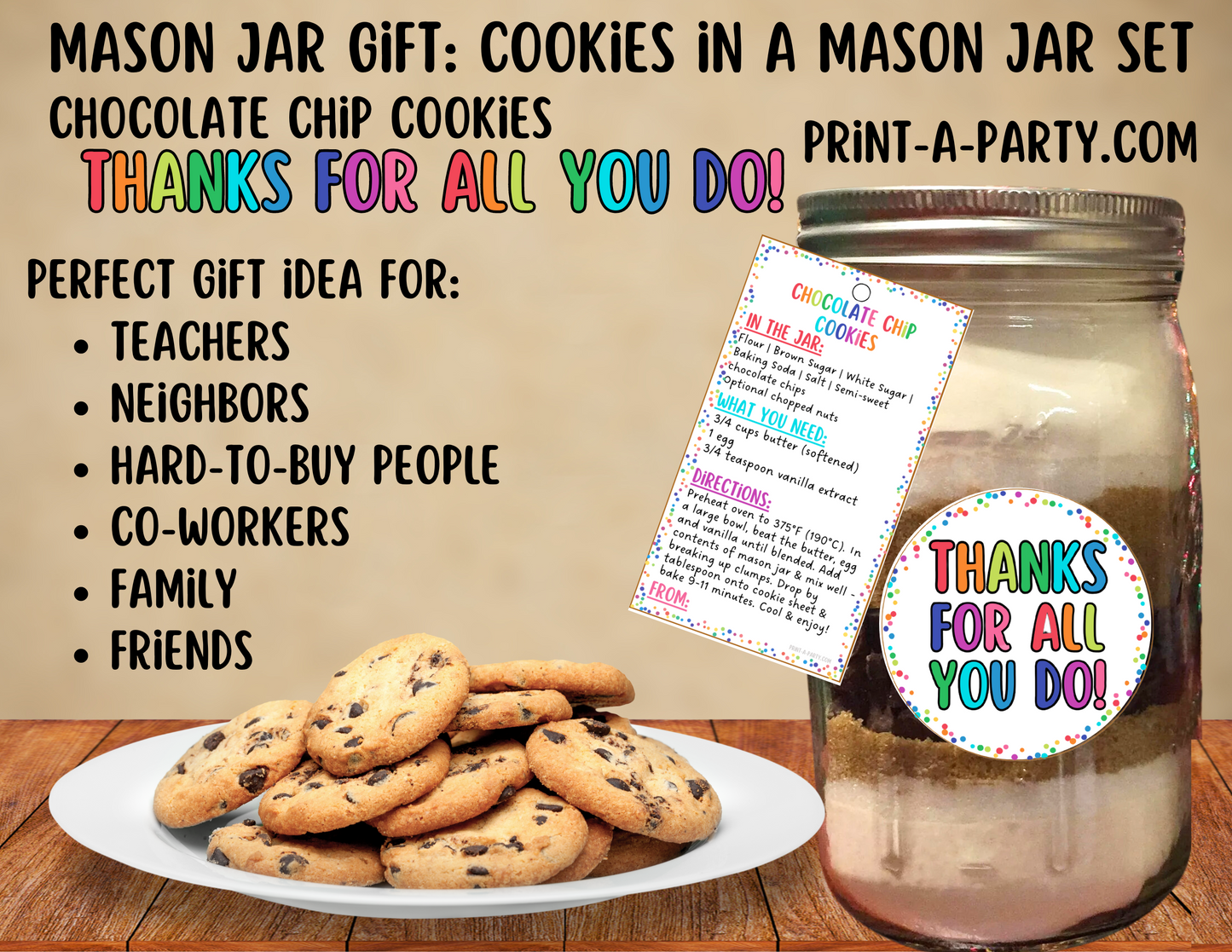 MASON JAR COOKIE GIFT: Appreciation Thank You Chocolate Chip Cookies in a Mason Jar | Cookie in a jar Appreciation Gift | Mason Jar Gift Kit | Mason Jar Gift Idea | Appreciation Gift Idea | Teacher Appreciation Idea