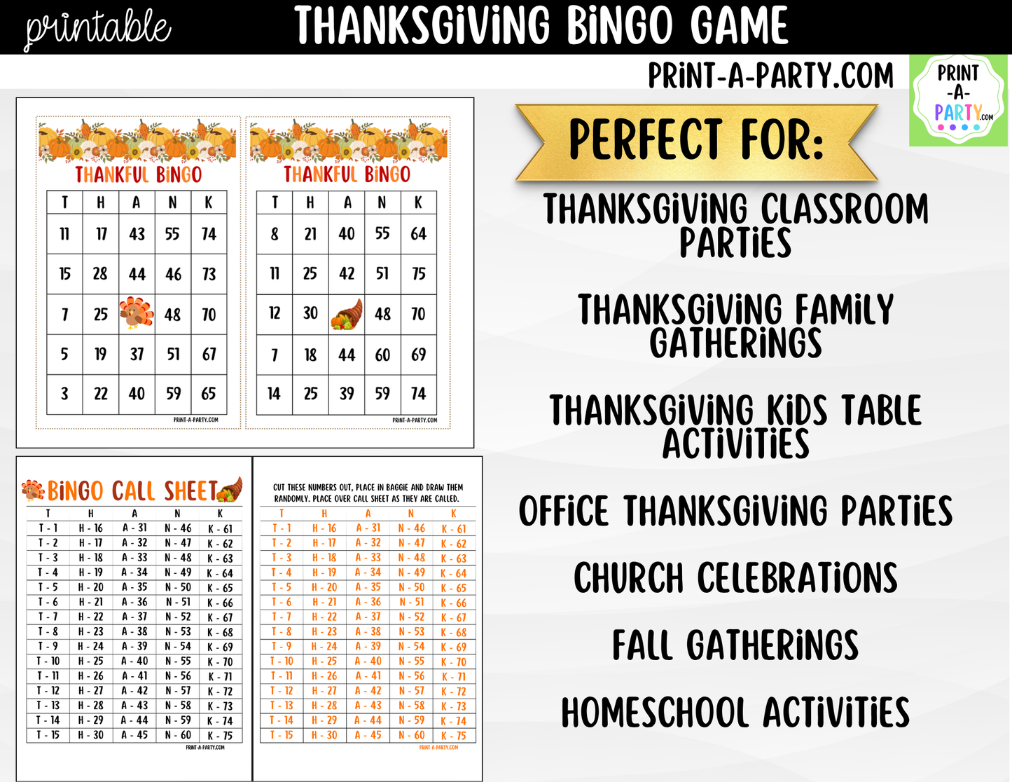 Thanksgiving Bingo Game Printable | T-H-A-N-K Holiday Party Game & Activity