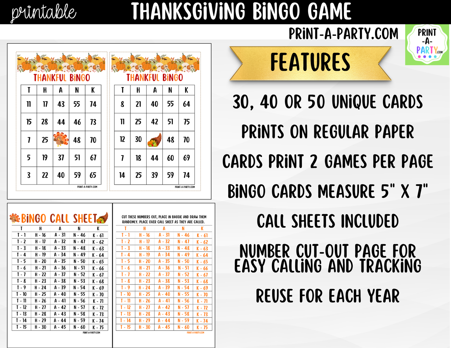 Thanksgiving Bingo Game Printable | T-H-A-N-K Holiday Party Game & Activity