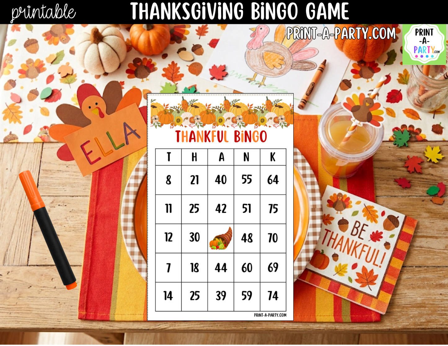 Thanksgiving Bingo Game Printable | T-H-A-N-K Holiday Party Game & Activity