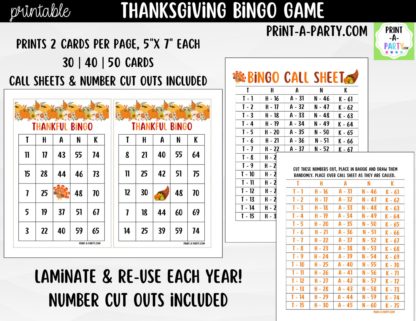 Thanksgiving Bingo Game Printable | T-H-A-N-K Holiday Party Game & Activity