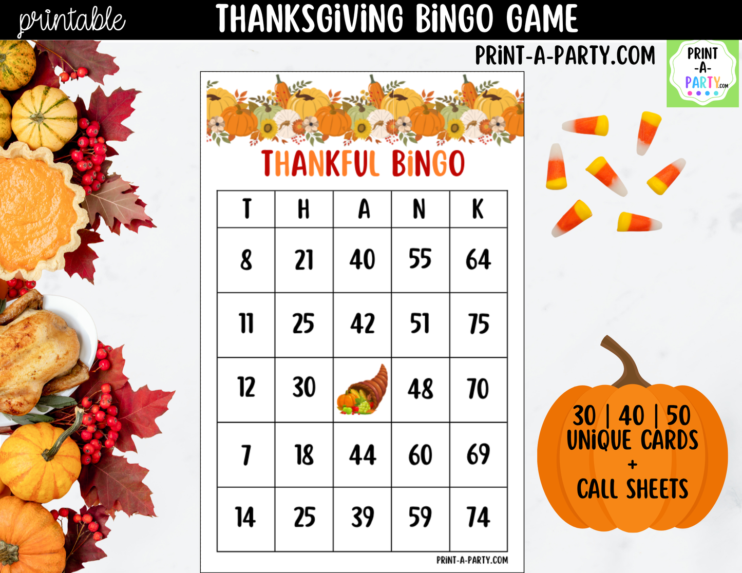 Thanksgiving Bingo Game Printable | T-H-A-N-K Holiday Party Game & Activity