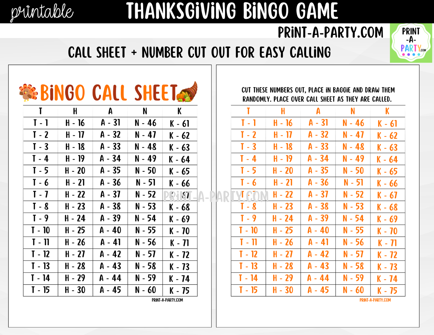 Thanksgiving Bingo Game Printable | T-H-A-N-K Holiday Party Game & Activity
