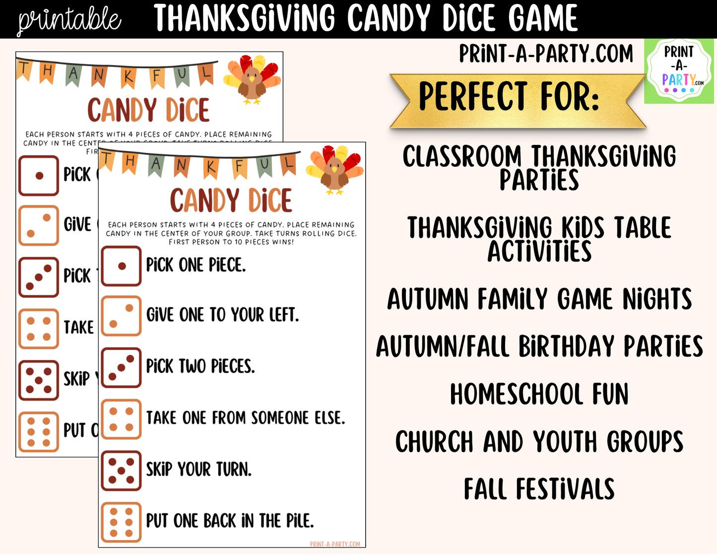 Thanksgiving Candy Dice Game Printable | Fall Party Game | Thanksgiving Kids Table Activity