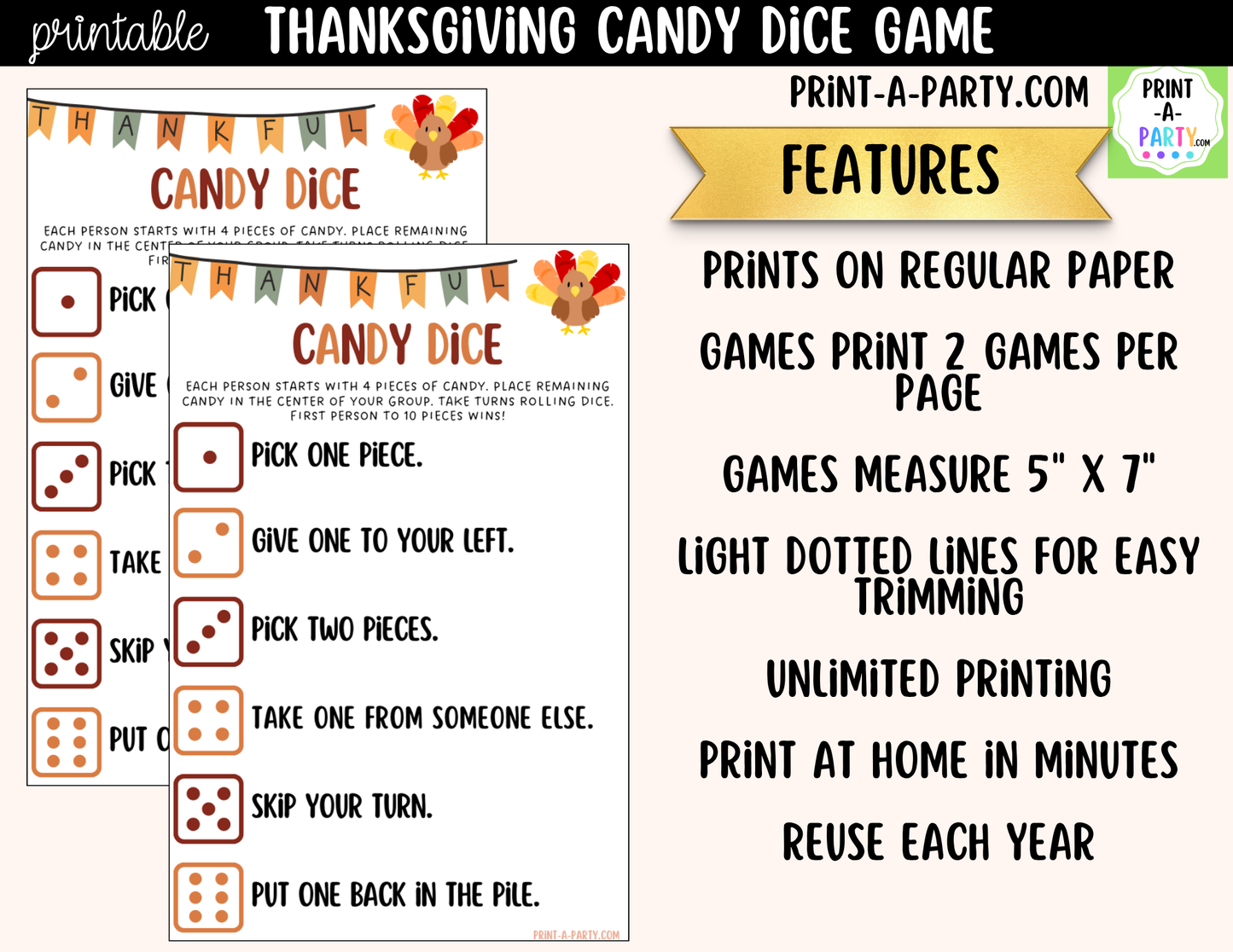 Thanksgiving Candy Dice Game Printable | Fall Party Game | Thanksgiving Kids Table Activity
