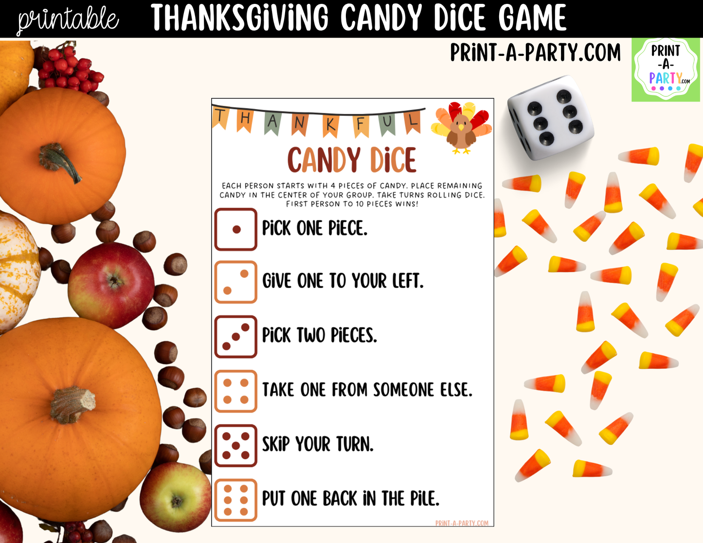 Thanksgiving Candy Dice Game Printable | Fall Party Game | Thanksgiving Kids Table Activity