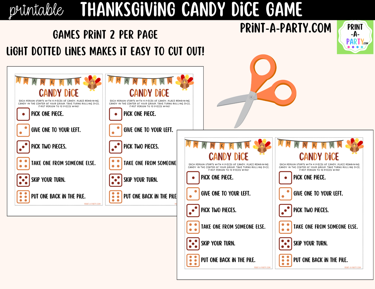 Thanksgiving Candy Dice Game Printable | Fall Party Game | Thanksgiving Kids Table Activity