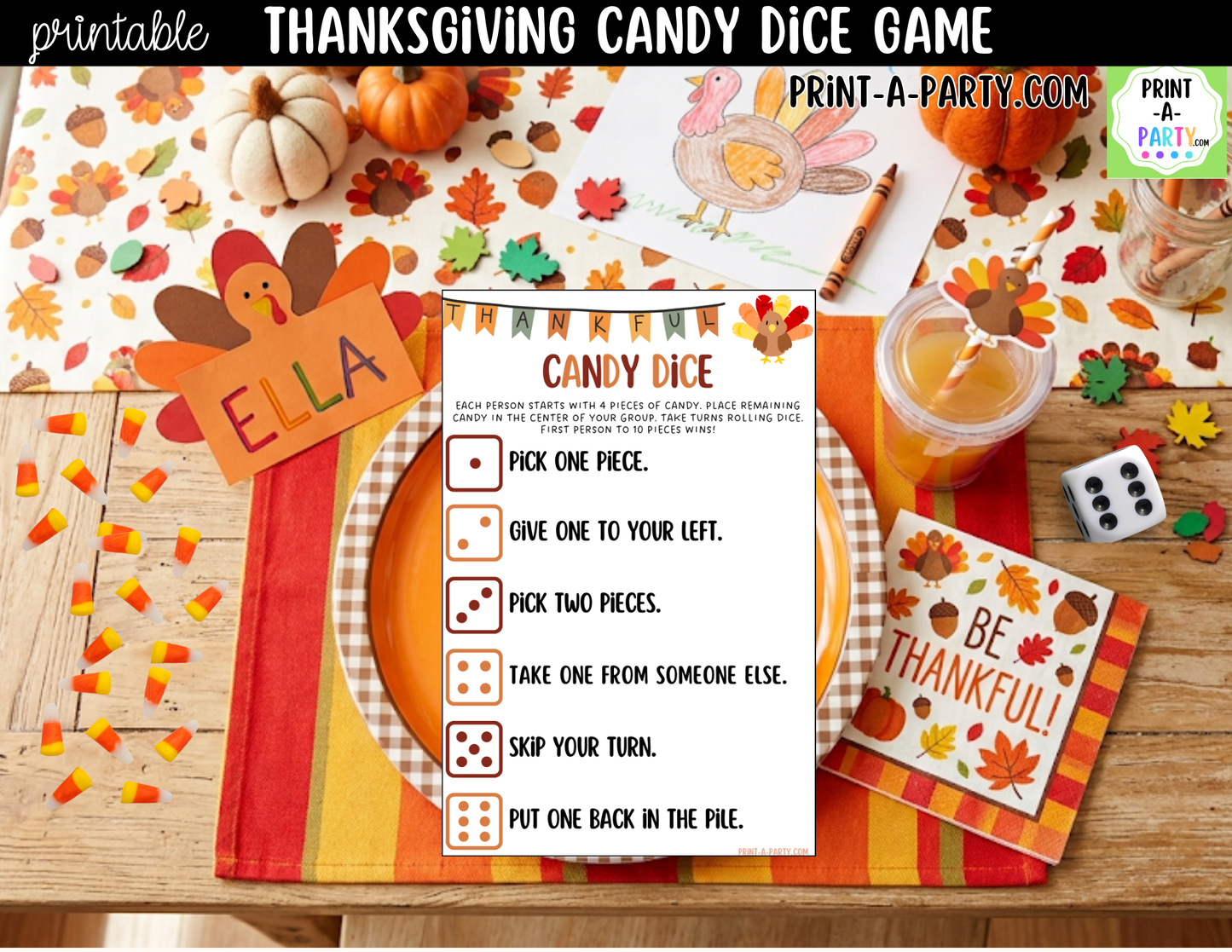 Thanksgiving Candy Dice Game Printable | Fall Party Game | Thanksgiving Kids Table Activity