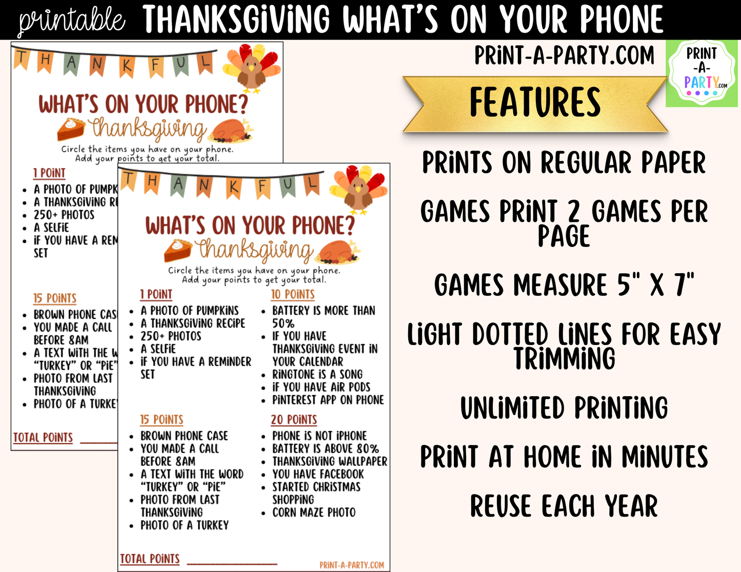 What's On Your Phone? Thanksgiving Party Game Printable | Thanksgiving Activity
