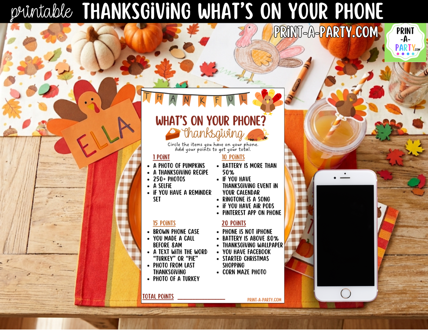 What's On Your Phone? Thanksgiving Party Game Printable | Thanksgiving Activity