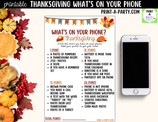What's On Your Phone? Thanksgiving Party Game Printable | Thanksgiving Activity
