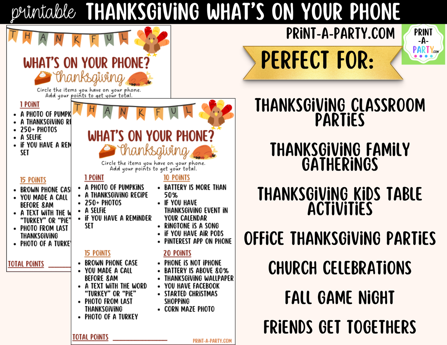 What's On Your Phone? Thanksgiving Party Game Printable | Thanksgiving Activity