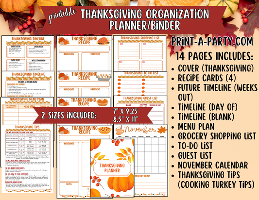 Thanksgiving Printable Planner Binder Kit – Meal Planner, Recipe Cards, Checklists & Holiday Organizer (8.5x11 & 7x9.25)
