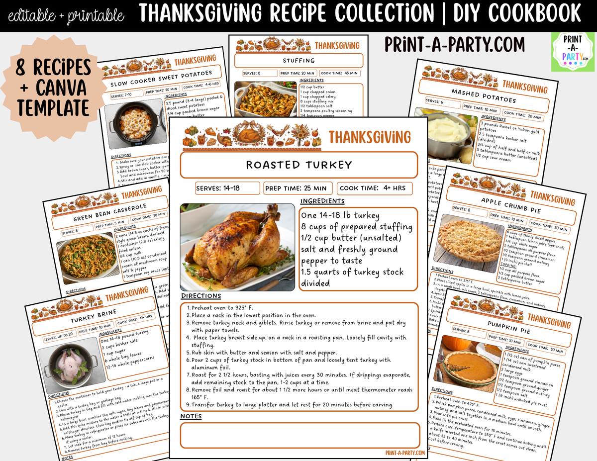 Thanksgiving Recipe Pages Printable & Editable Cookbook Set