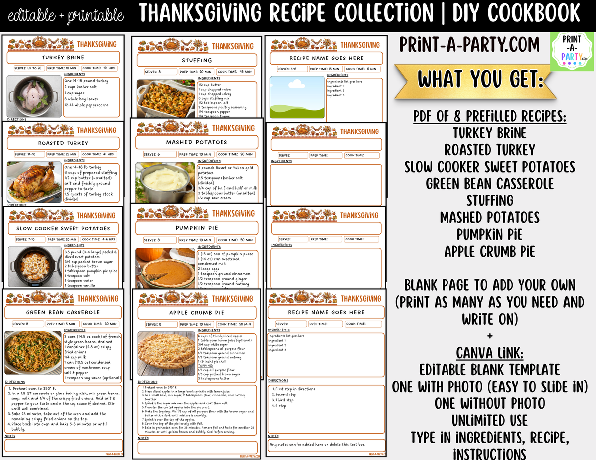 Thanksgiving Recipe Pages Printable & Editable Cookbook Set