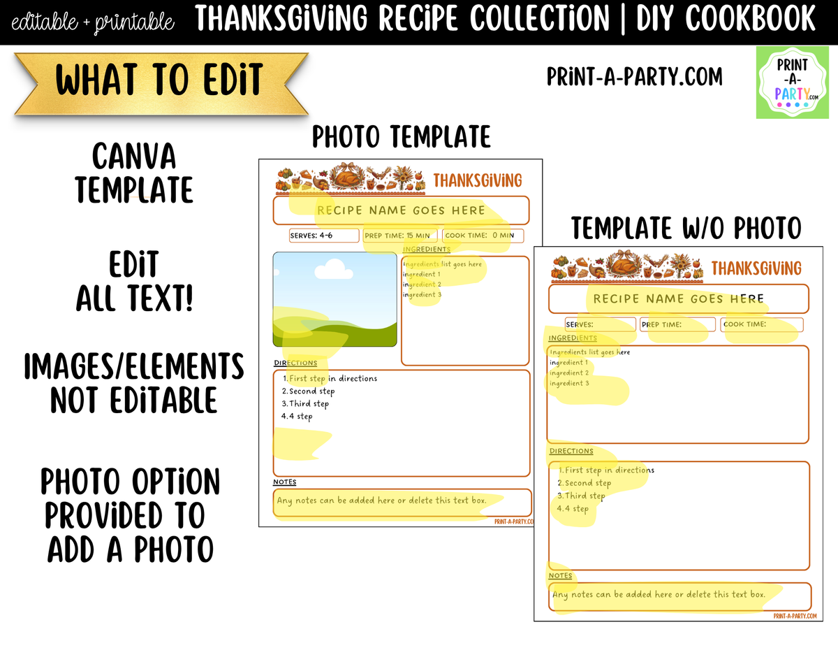 Thanksgiving Recipe Pages Printable & Editable Cookbook Set