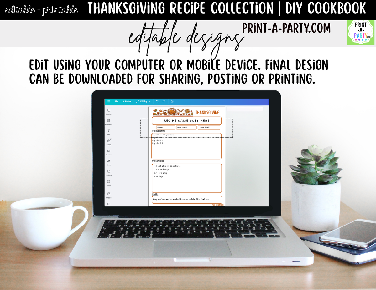Thanksgiving Recipe Pages Printable & Editable Cookbook Set