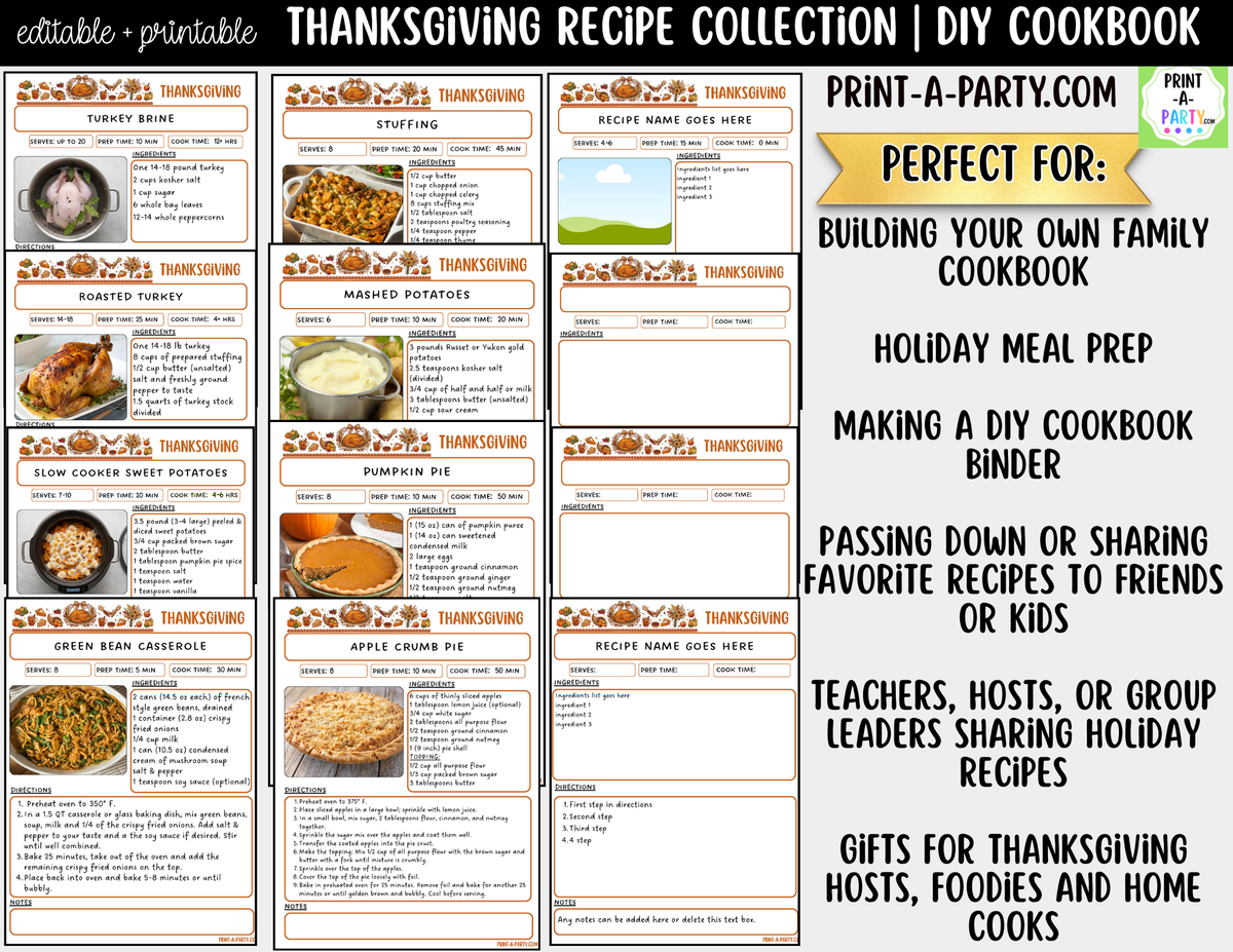 Thanksgiving Recipe Pages Printable & Editable Cookbook Set