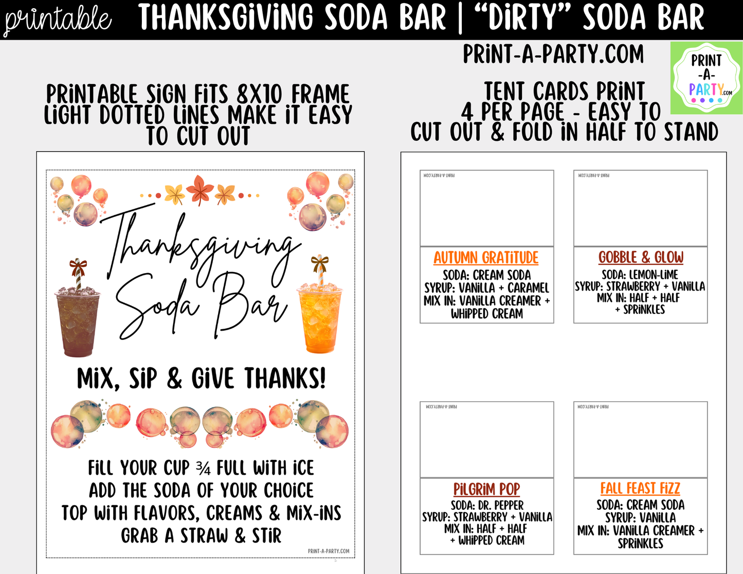 Thanksgiving "Dirty" Soda Bar Printable Kit - Sign (8x10) & Recipe Tent Cards (12 recipes!) Drink Station Decor