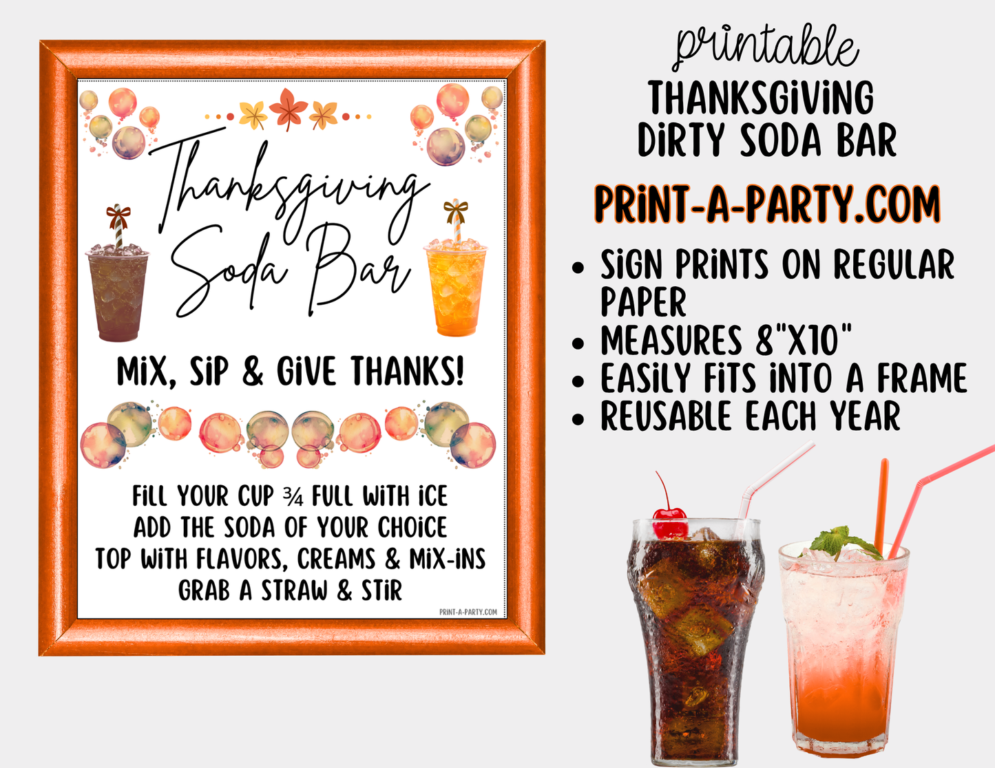 Thanksgiving "Dirty" Soda Bar Printable Kit - Sign (8x10) & Recipe Tent Cards (12 recipes!) Drink Station Decor
