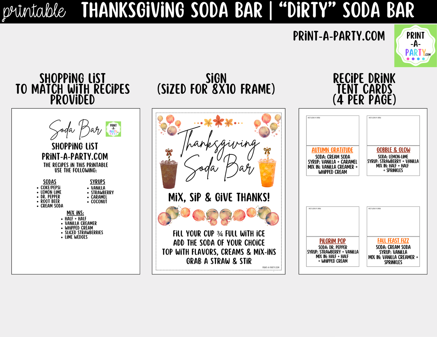 Thanksgiving "Dirty" Soda Bar Printable Kit - Sign (8x10) & Recipe Tent Cards (12 recipes!) Drink Station Decor