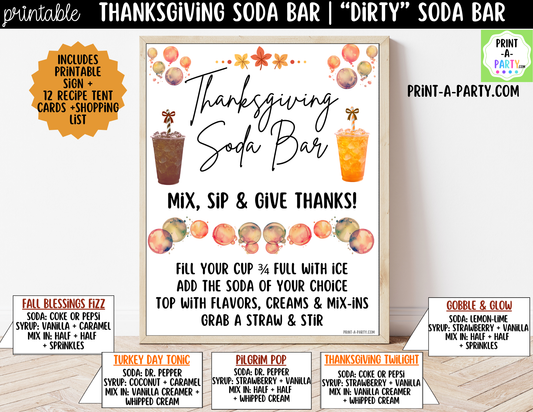 Thanksgiving "Dirty" Soda Bar Printable Kit - Sign (8x10) & Recipe Tent Cards (12 recipes!) Drink Station Decor