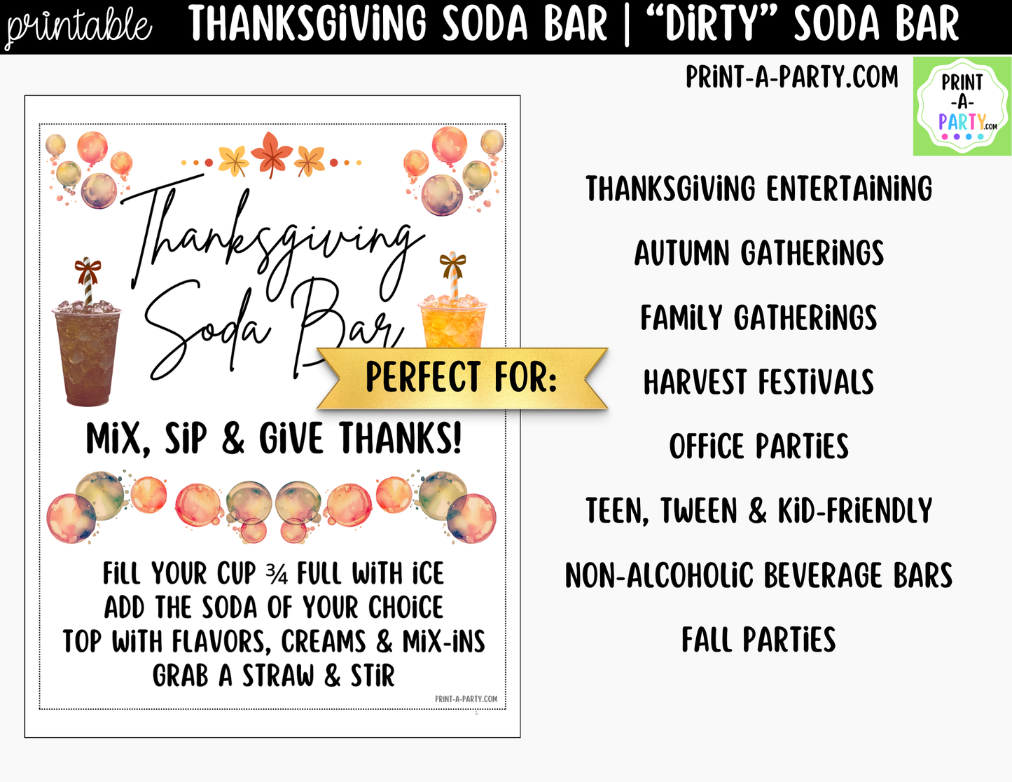 Thanksgiving "Dirty" Soda Bar Printable Kit - Sign (8x10) & Recipe Tent Cards (12 recipes!) Drink Station Decor