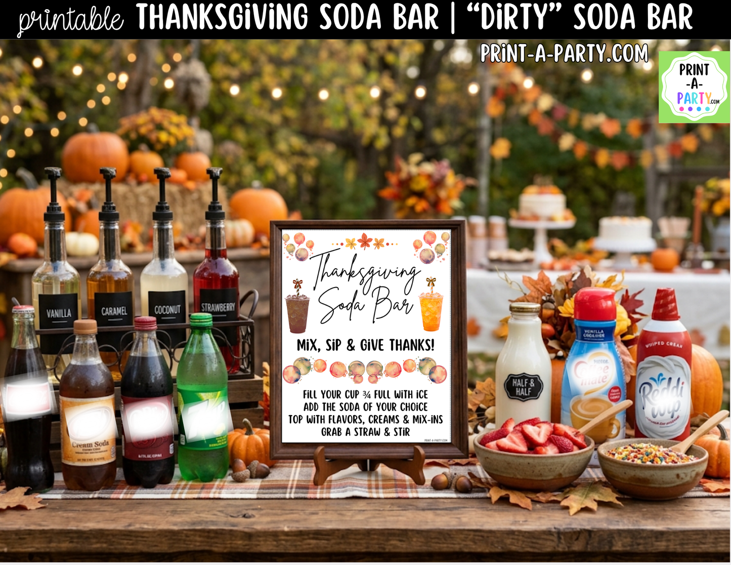 Thanksgiving "Dirty" Soda Bar Printable Kit - Sign (8x10) & Recipe Tent Cards (12 recipes!) Drink Station Decor