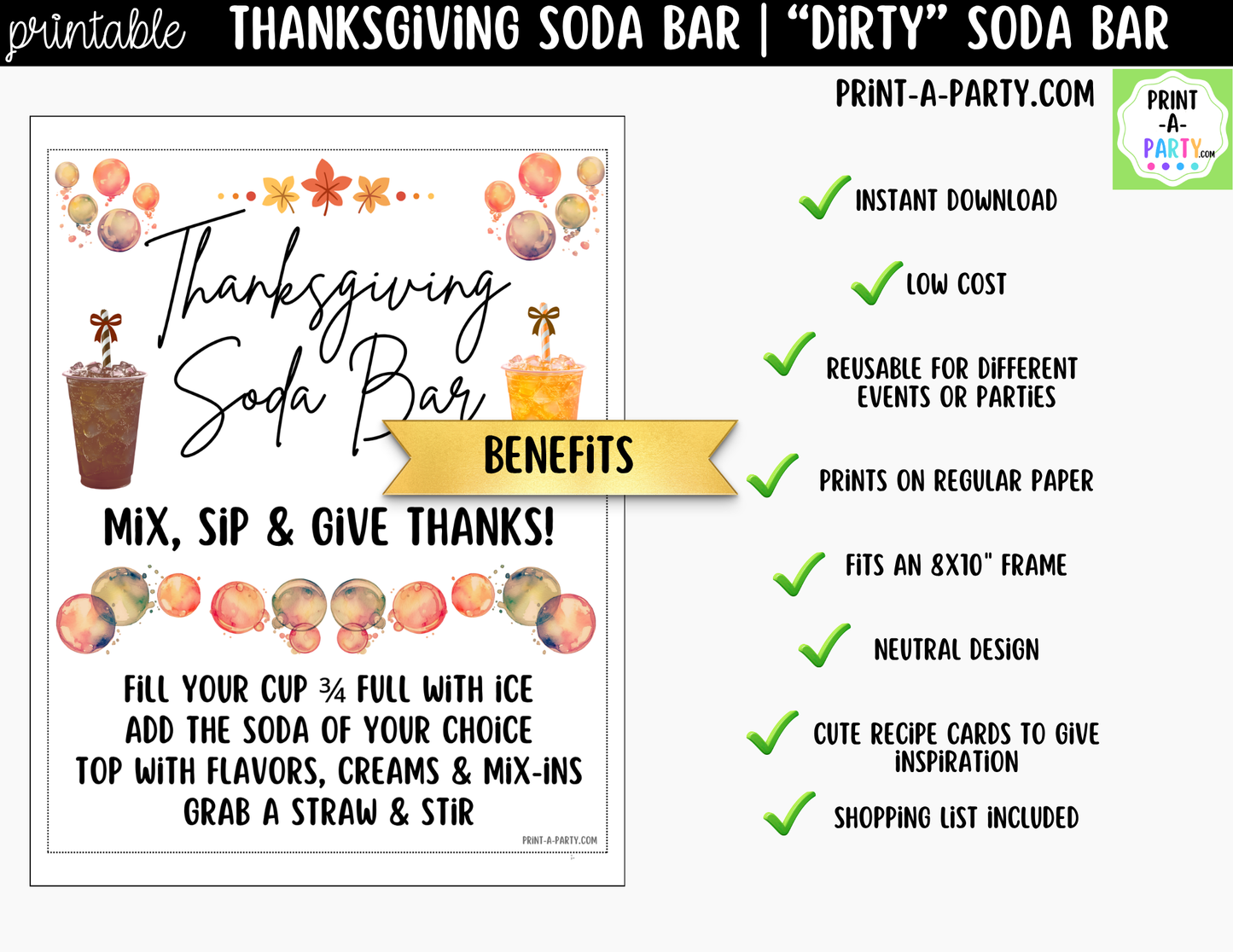 Thanksgiving "Dirty" Soda Bar Printable Kit - Sign (8x10) & Recipe Tent Cards (12 recipes!) Drink Station Decor