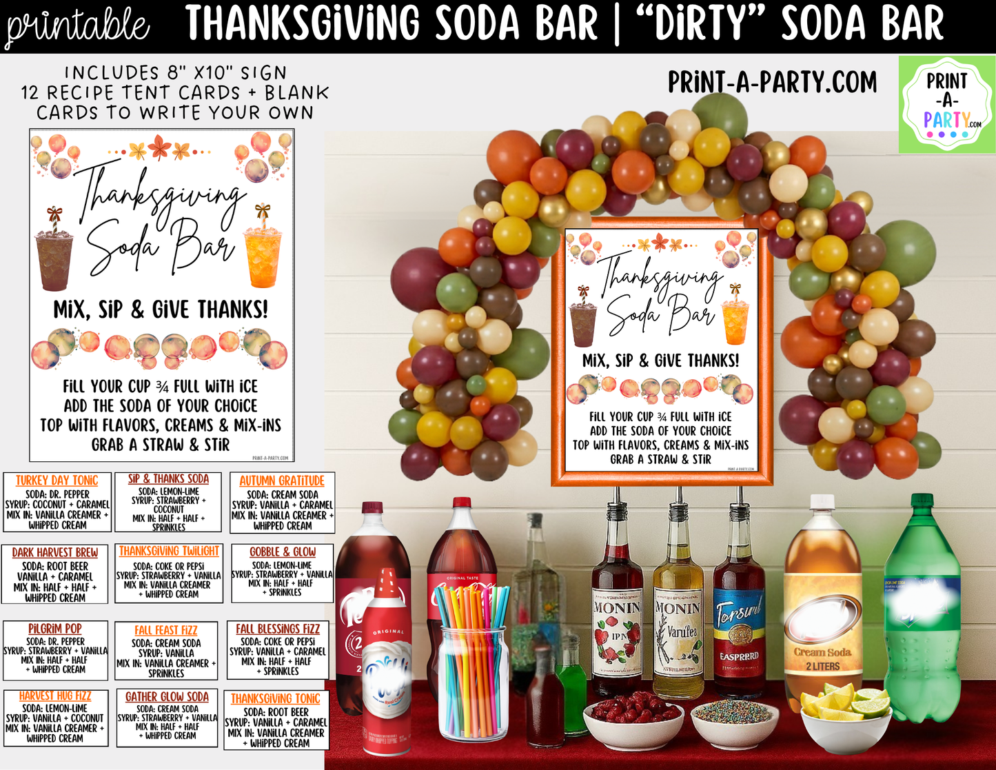 Thanksgiving "Dirty" Soda Bar Printable Kit - Sign (8x10) & Recipe Tent Cards (12 recipes!) Drink Station Decor