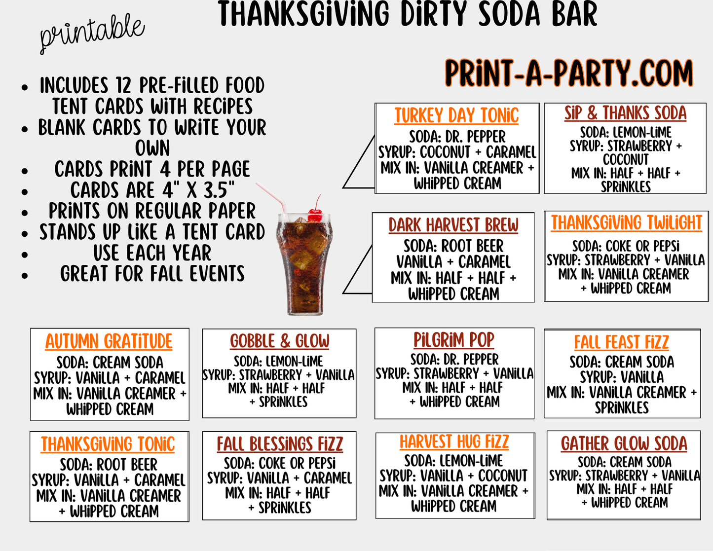 Thanksgiving "Dirty" Soda Bar Printable Kit - Sign (8x10) & Recipe Tent Cards (12 recipes!) Drink Station Decor