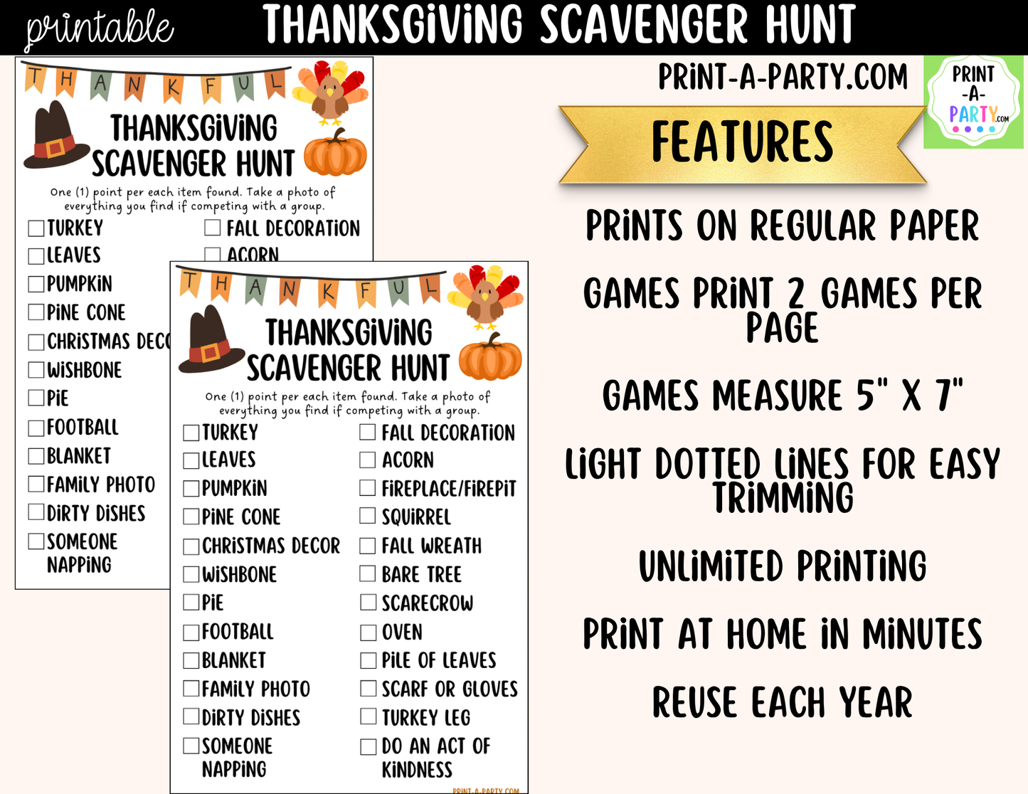 Thanksgiving Scavenger Hunt Printable | Family Thanksgiving Activity & Holiday Game
