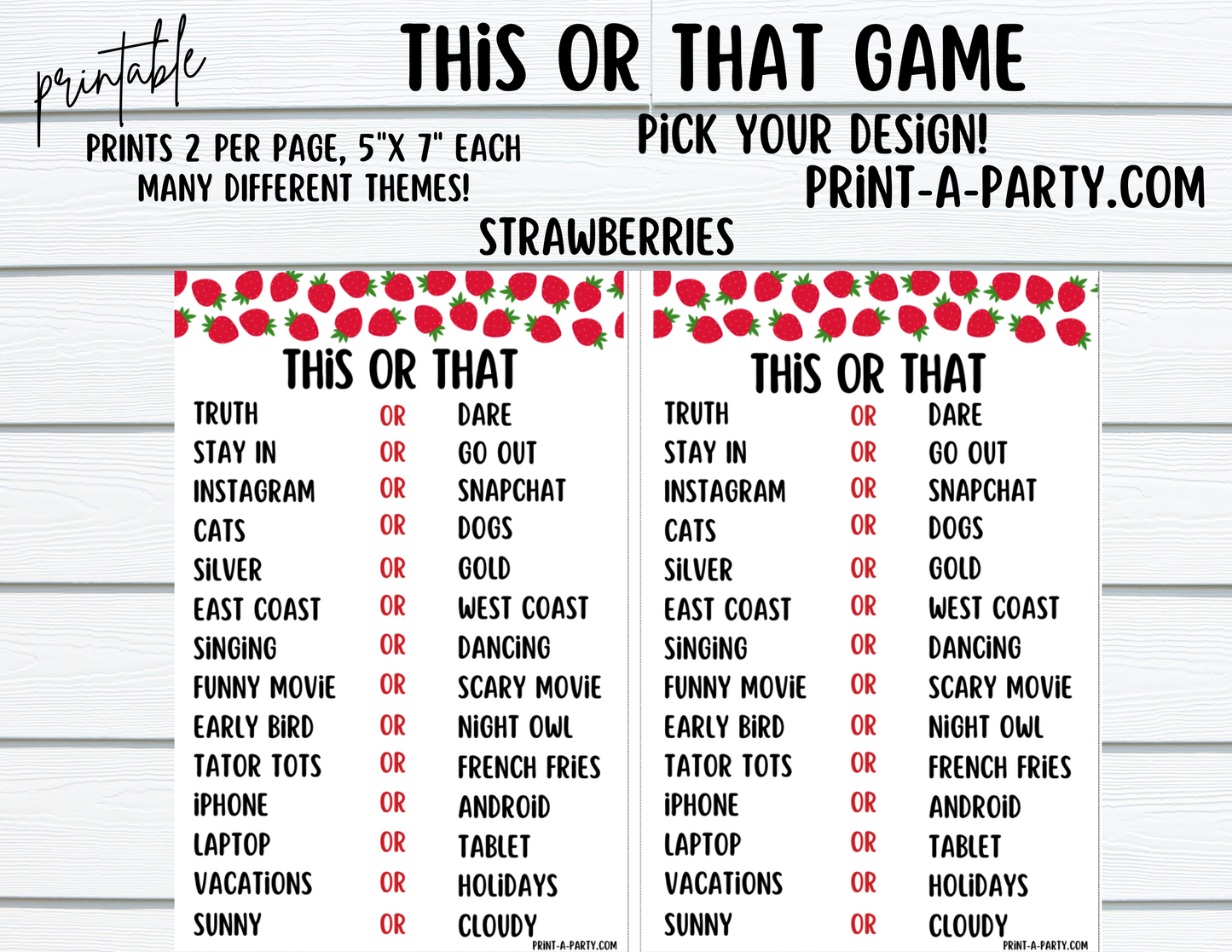 THIS OR THAT GAME | Game Printable | 2 games per page | Birthday Game | Party Game | School Game | Instant Download