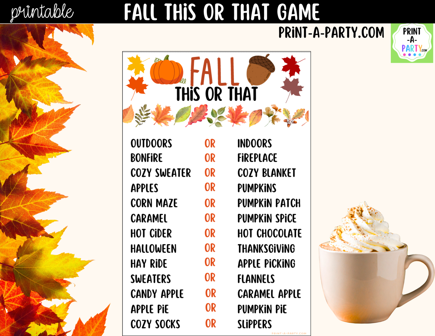 Fall This or That Game Printable | Autumn Party Game & Icebreaker Activity