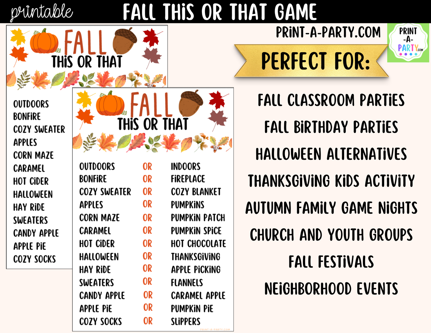 Fall This or That Game Printable | Autumn Party Game & Icebreaker Activity
