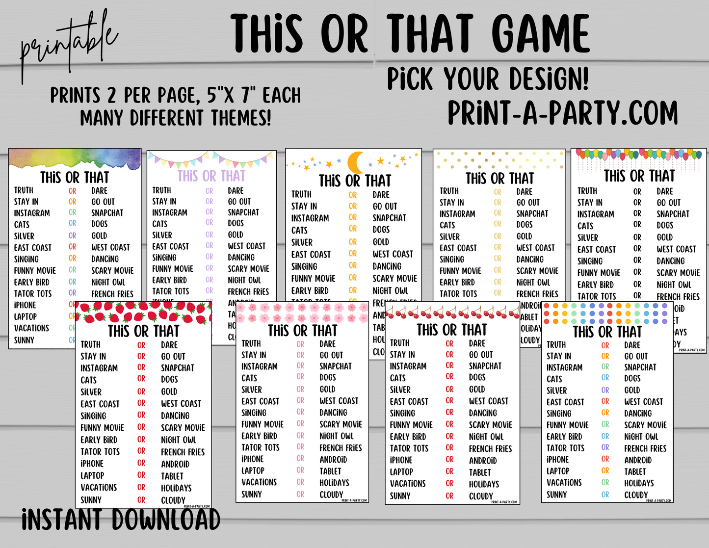 THIS OR THAT GAME | Game Printable | 2 games per page | Birthday Game | Party Game | School Game | Instant Download