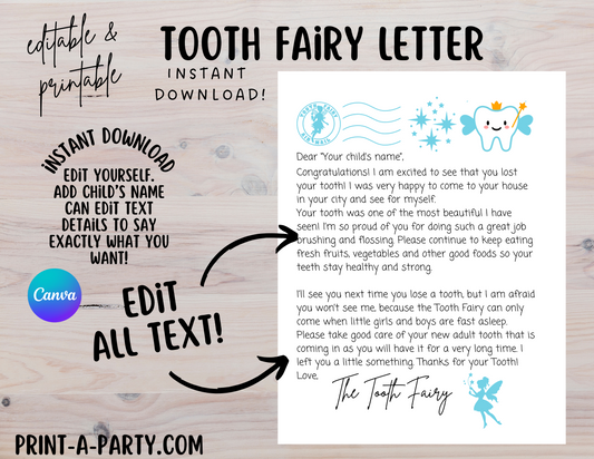 TOOTH FAIRY LETTER - EDITABLE | Editable Letter in BLUE for kids | Instant Download