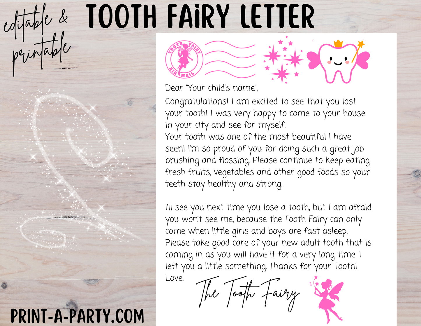 TOOTH FAIRY LETTER - EDITABLE | Editable Letter in PINK for kids | Instant Download