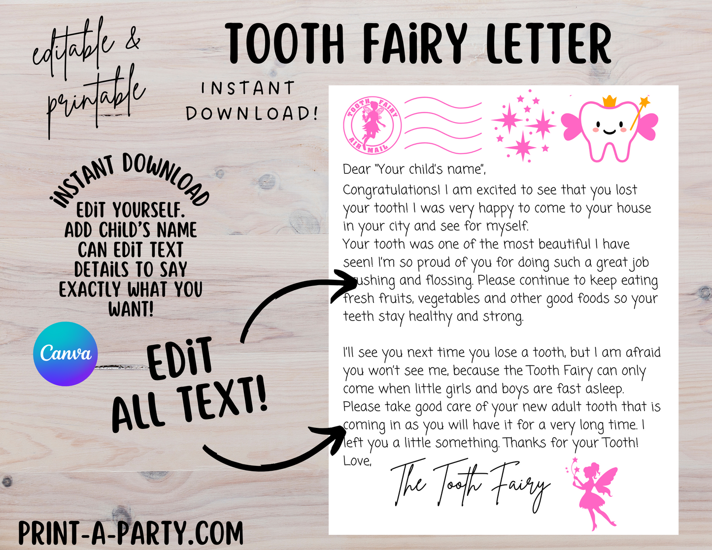 TOOTH FAIRY LETTER - EDITABLE | Editable Letter in PINK for kids | Instant Download