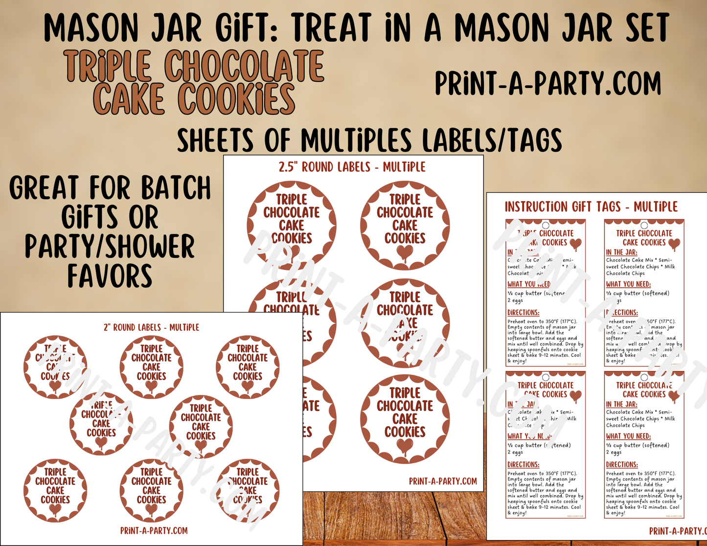 MASON JAR GIFT: Triple Chocolate Cake Cookie Mix Mason Jar Printable Gift Kit - for neighbors, teachers, gift baskets and more!