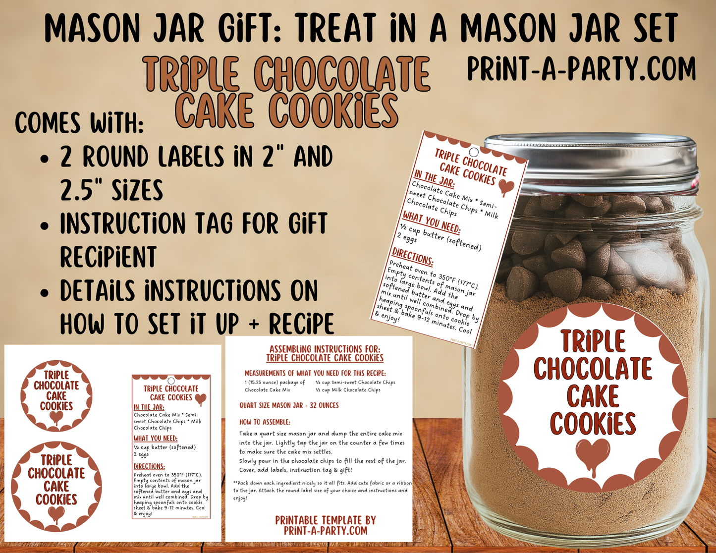 MASON JAR GIFT: Triple Chocolate Cake Cookie Mix Mason Jar Printable Gift Kit - for neighbors, teachers, gift baskets and more!