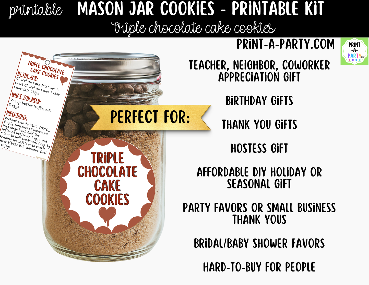 Triple Chocolate Cake Cookies in a Mason Jar Gift Printable Kit - Labels, Tag, Recipe and Instructions