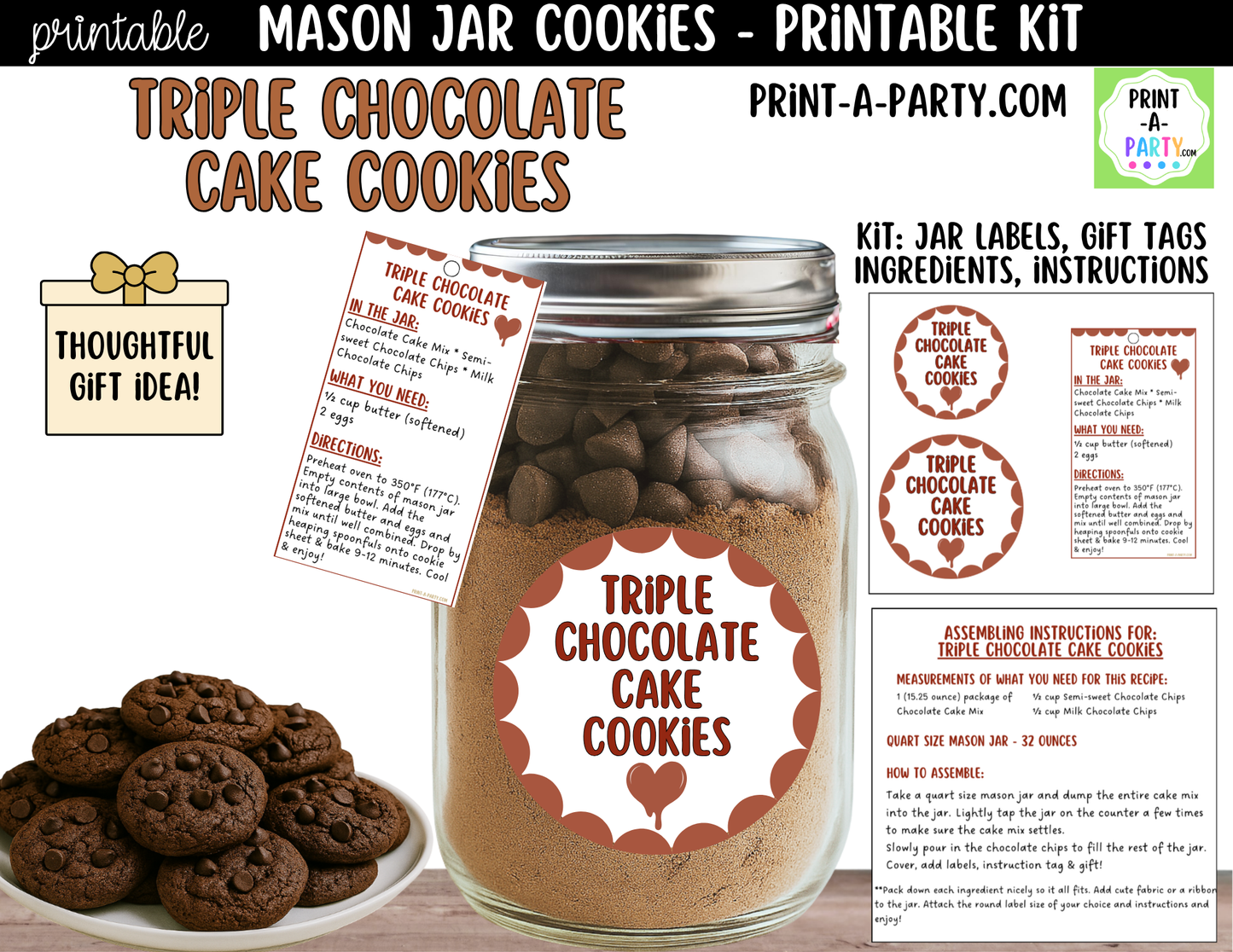 Triple Chocolate Cake Cookies in a Mason Jar Gift Printable Kit - Labels, Tag, Recipe and Instructions