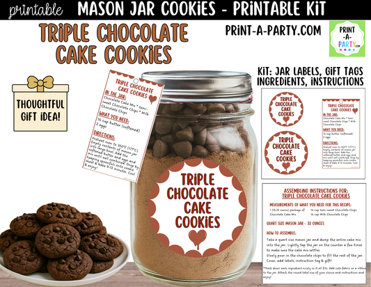 Triple Chocolate Cake Cookies in a Mason Jar Gift Printable Kit - Labels, Tag, Recipe and Instructions