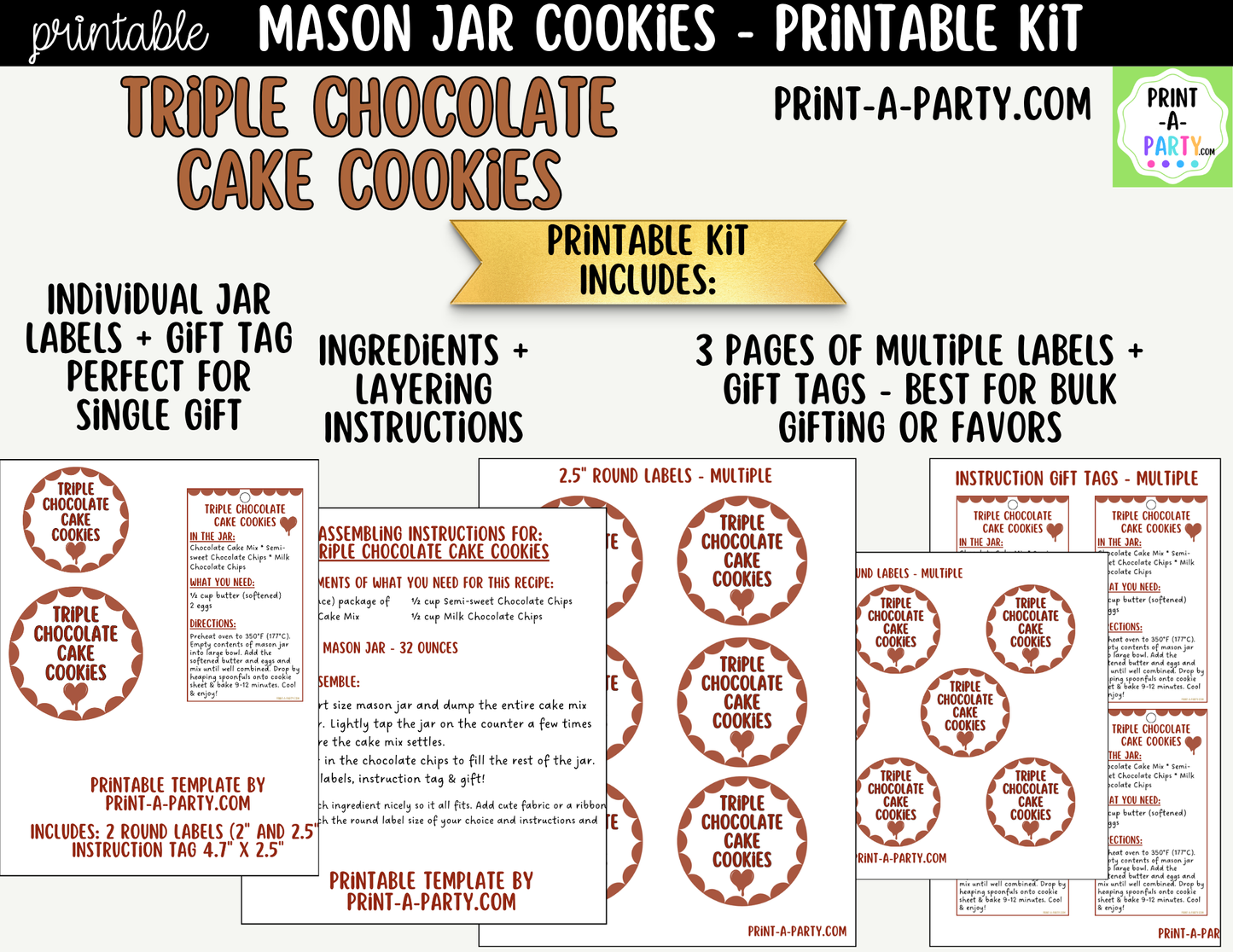 Triple Chocolate Cake Cookies in a Mason Jar Gift Printable Kit - Labels, Tag, Recipe and Instructions