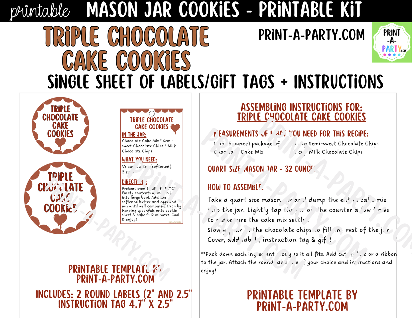 Triple Chocolate Cake Cookies in a Mason Jar Gift Printable Kit - Labels, Tag, Recipe and Instructions