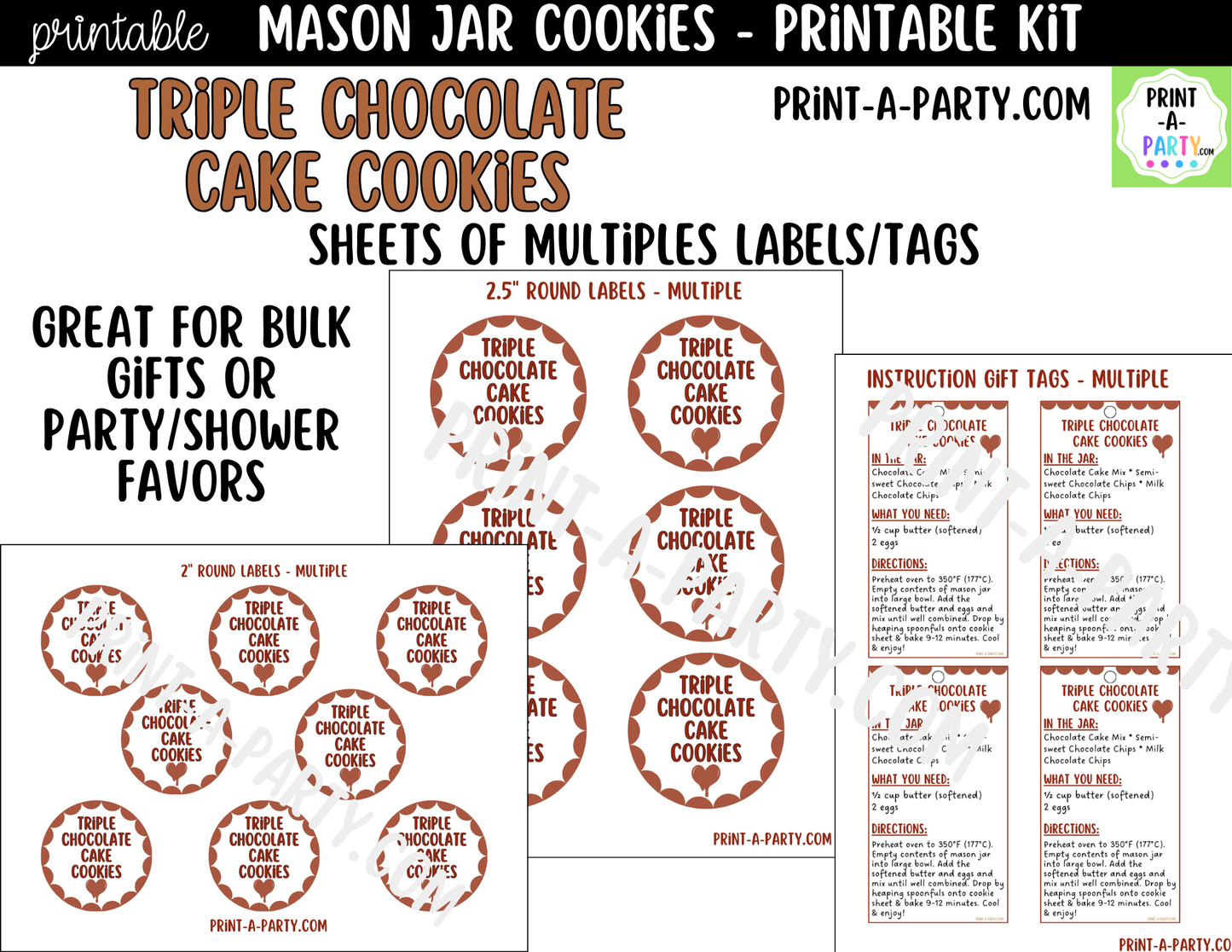 Triple Chocolate Cake Cookies in a Mason Jar Gift Printable Kit - Labels, Tag, Recipe and Instructions