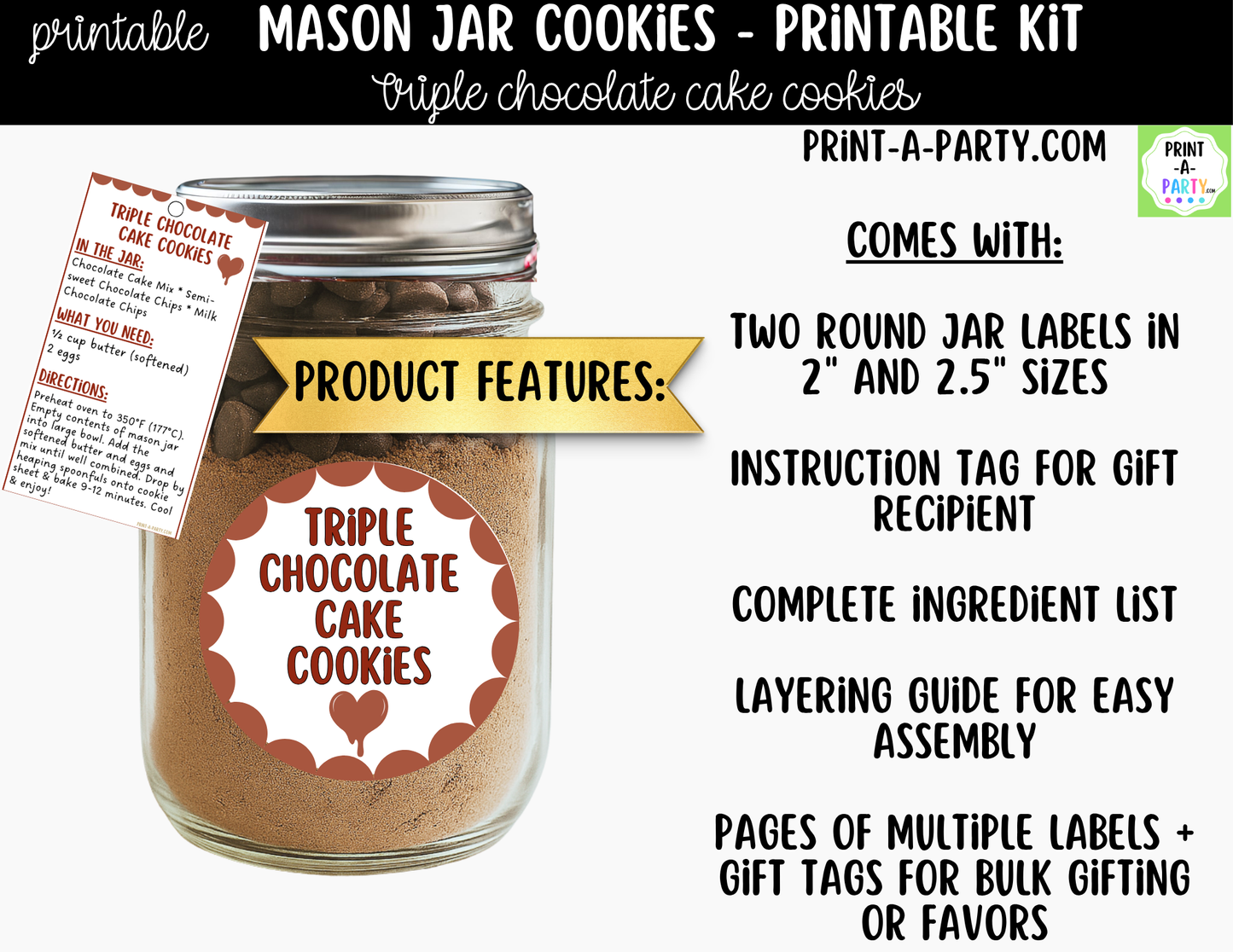 Triple Chocolate Cake Cookies in a Mason Jar Gift Printable Kit - Labels, Tag, Recipe and Instructions