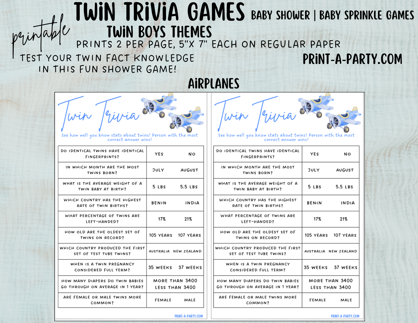 TWIN TRIVIA Game | TWIN BOYS | Twin Boys Baby Shower Idea | Twin Boys Baby Shower Activities - INSTANT DOWNLOAD